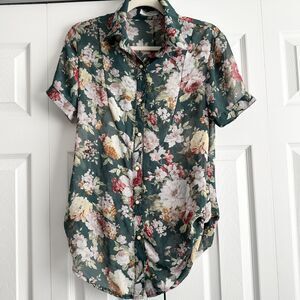 MELING Floral Button Front Blouse Green Feminine Sheer Top Size L Cottagecore